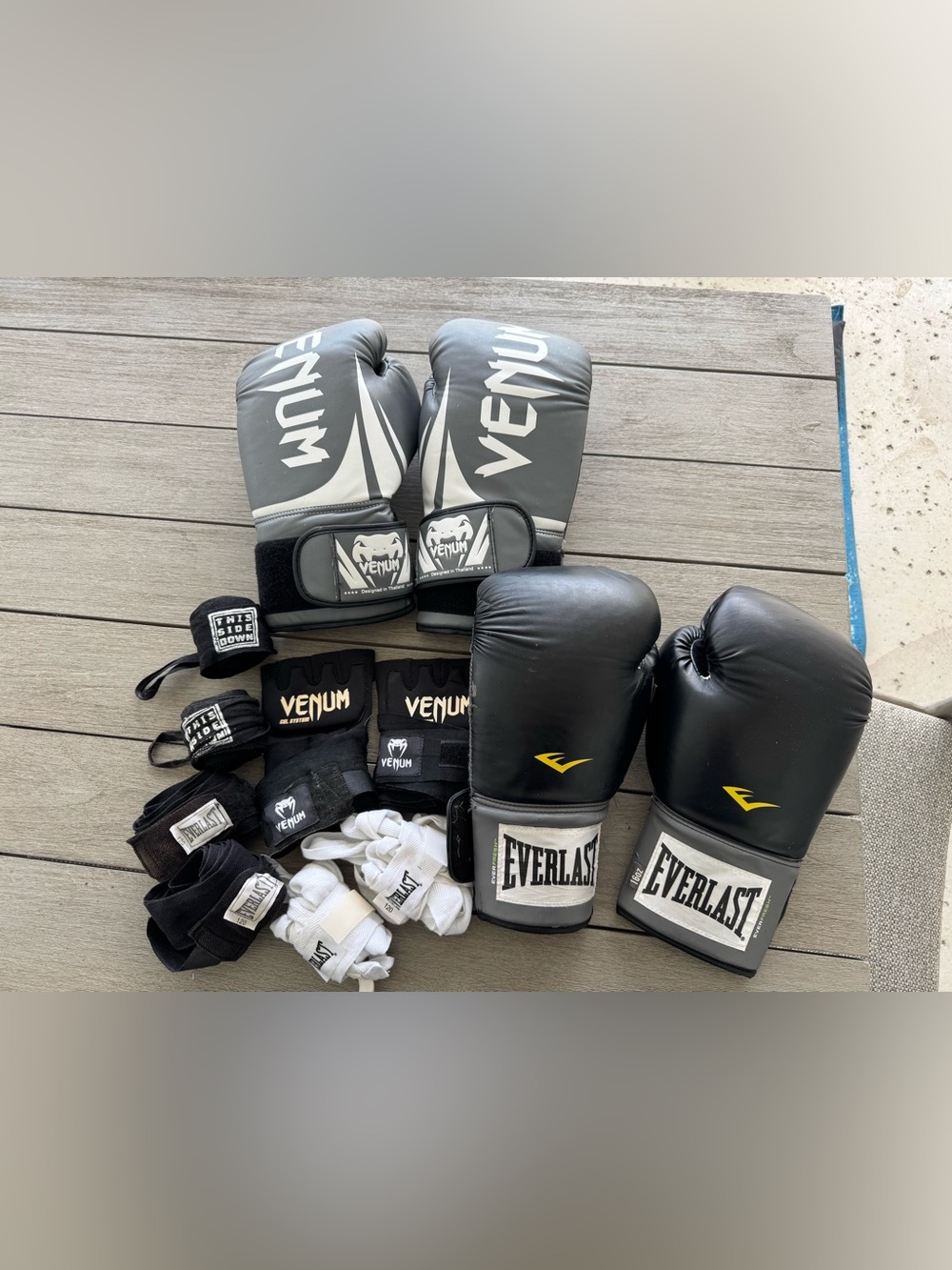 Venum & Everlast Boxing Glove Set - Black and Gray with wraps